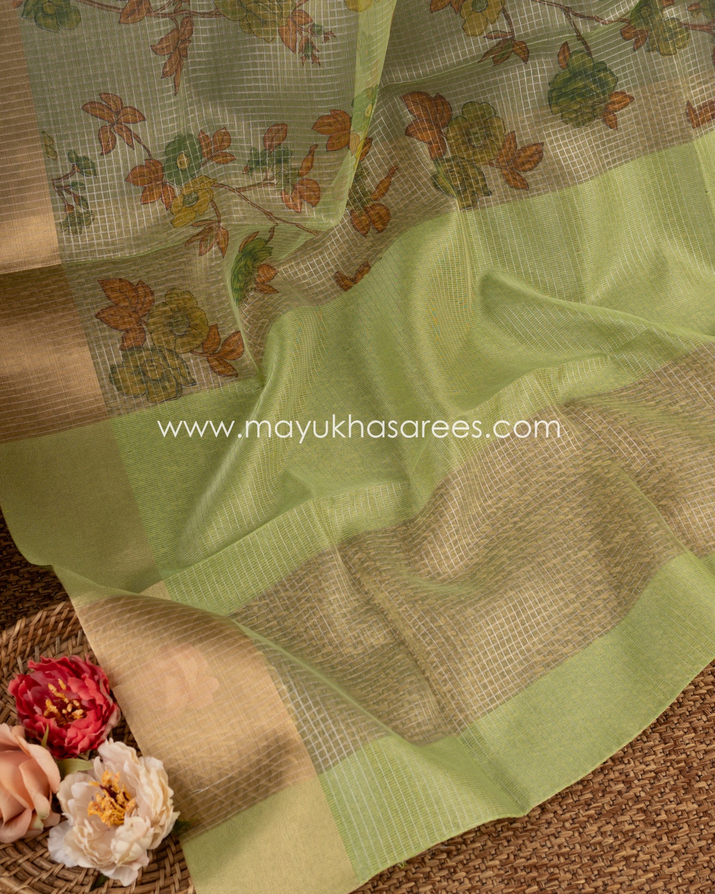 Blooming Beauty: Organza Saree With Floral Prints, Free Shipping  And Stitched Blouse In Size 38-59