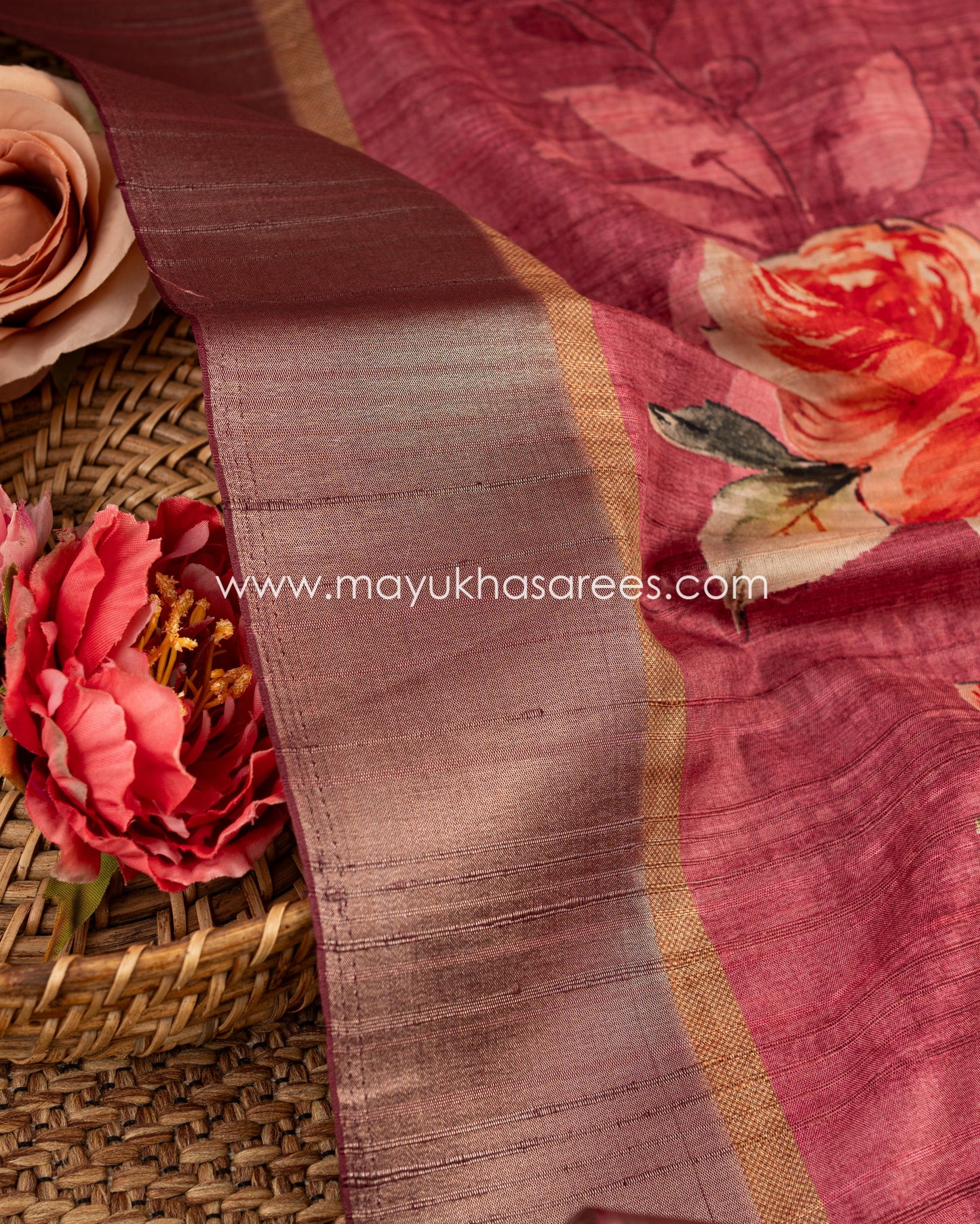 Floral Elegance: Tassar Banarasi Saree In Pink & Grey, Free Shipping!   And Stitched Blouse In Size 38-60