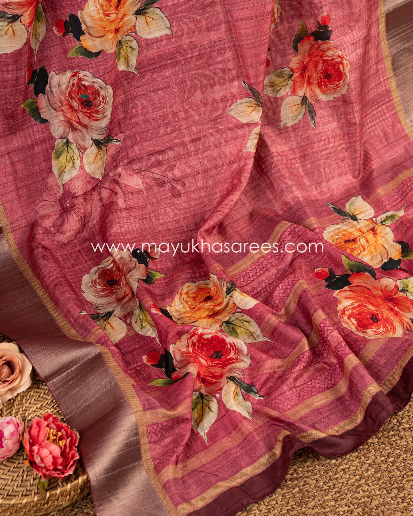 Floral Elegance: Tassar Banarasi Saree In Pink & Grey, Free Shipping!   And Stitched Blouse In Size 38-60