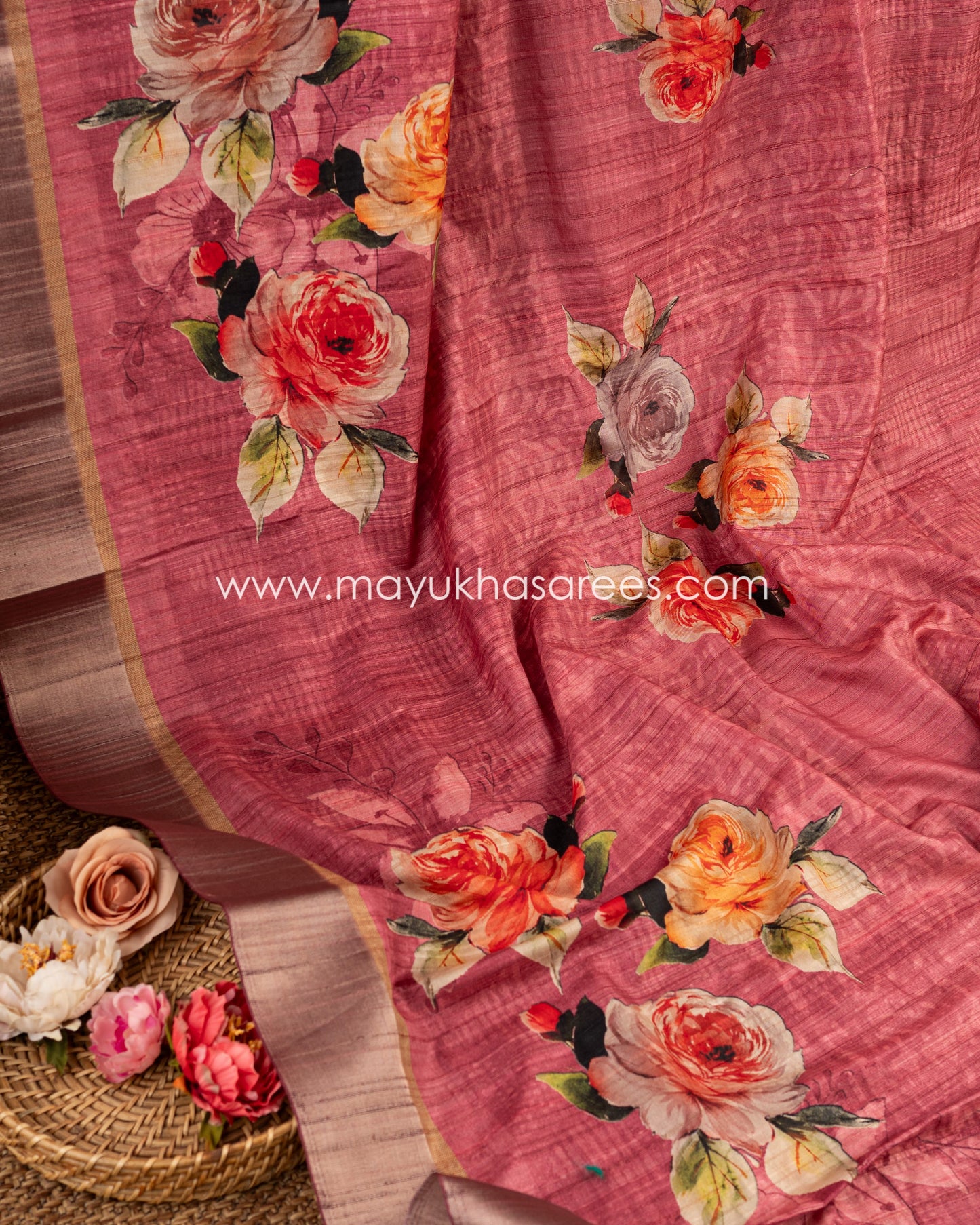 Floral Elegance: Tassar Banarasi Saree In Pink & Grey, Free Shipping!   And Stitched Blouse In Size 38-60