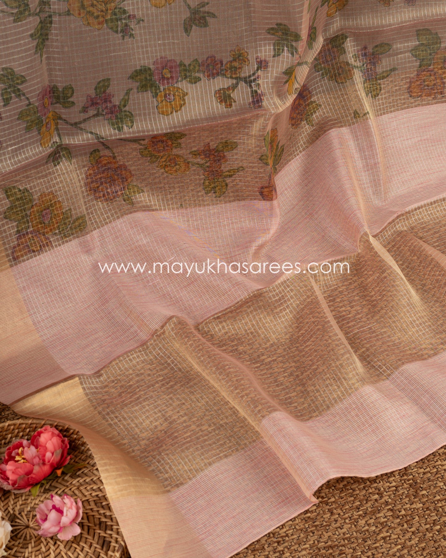 Eternal Bloom: Organza Saree With Floral Prints, Free Shipping  And Stitched Blouse In Size 38-61