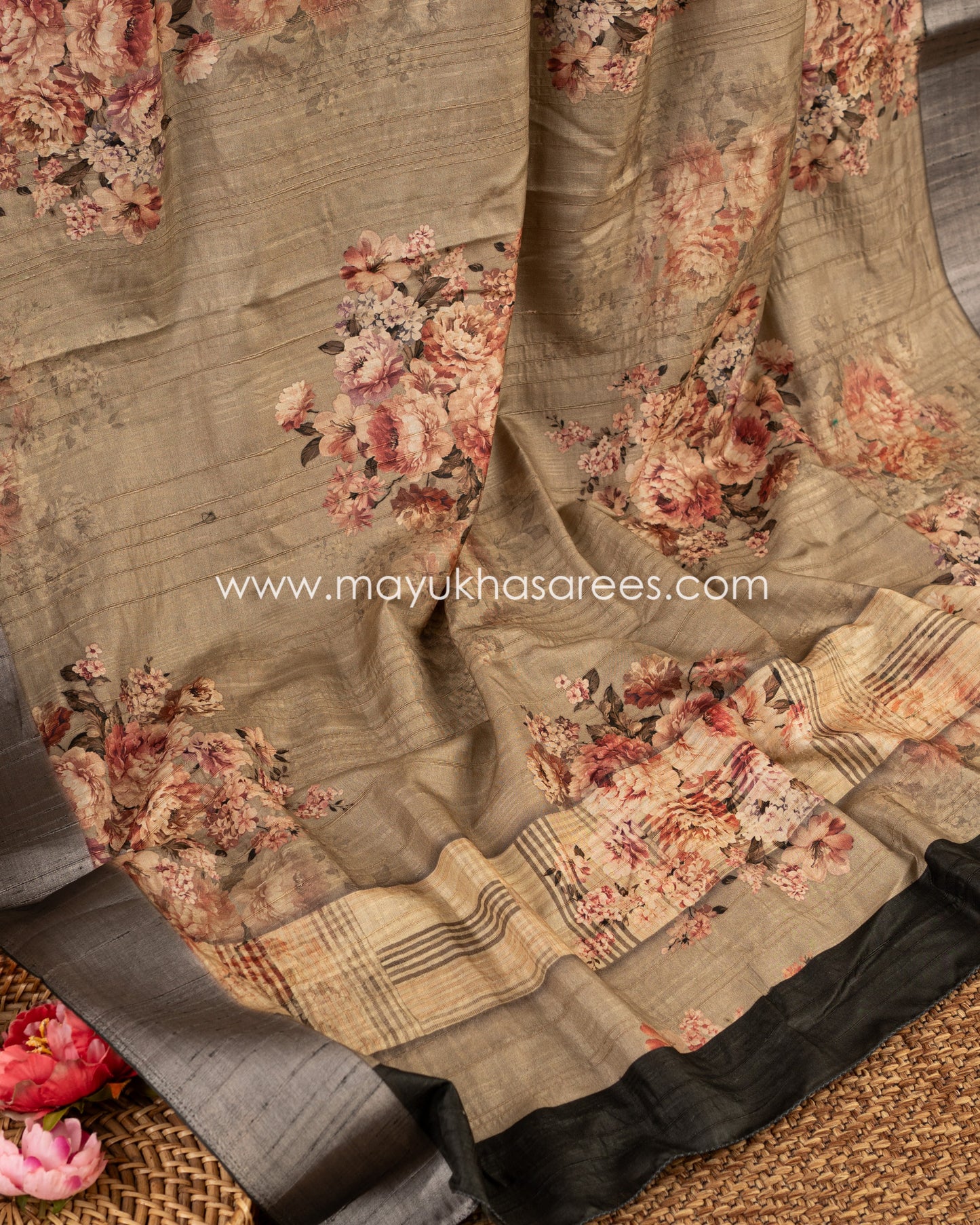 Opulent Florals: Tassar Banarasi Saree, Floral Prints, Free Shipping  And Stitched Blouse In Size 38-64