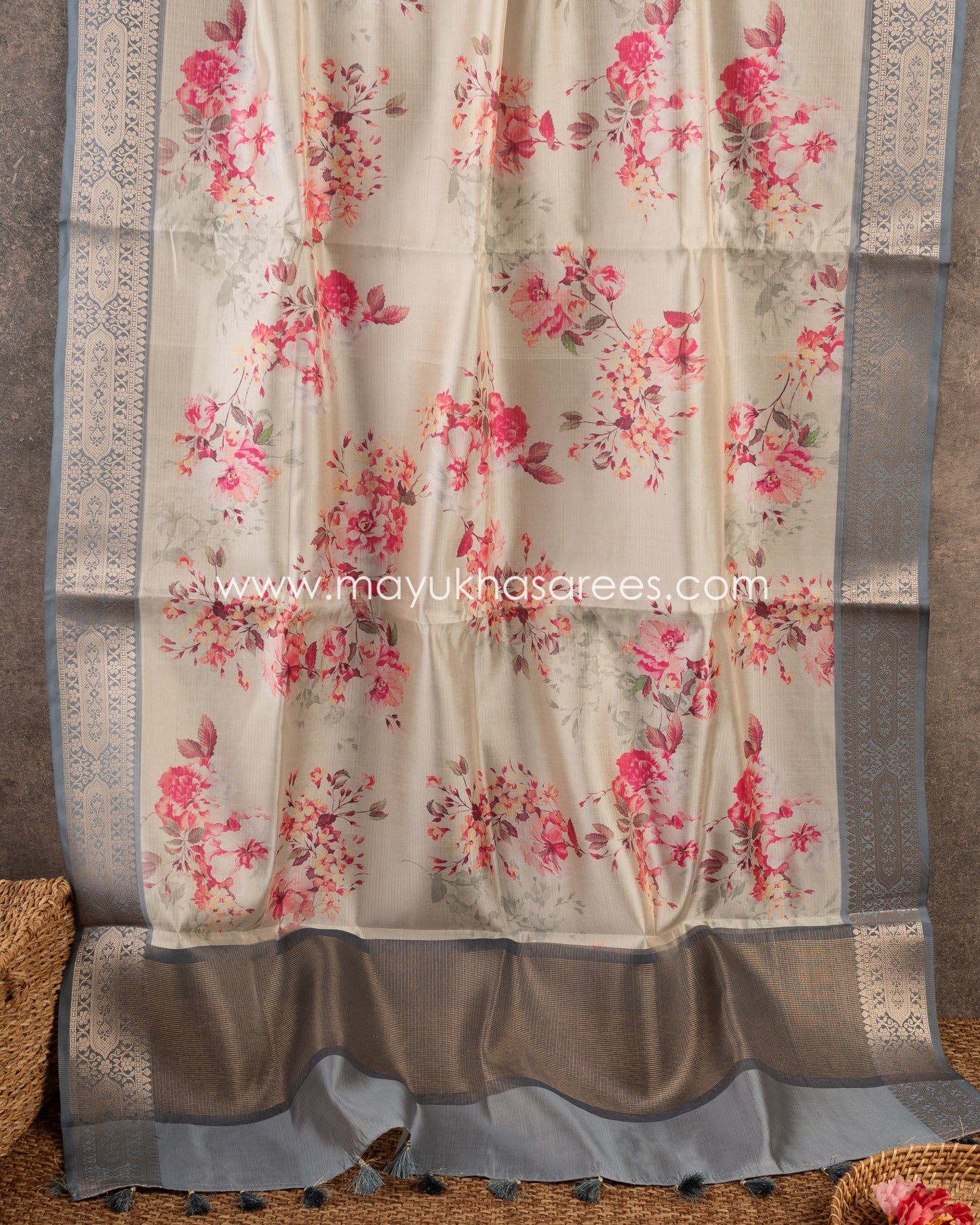 Serene Florals: Tassar Banarasi Blend Saree, Floral Prints, Free Shipping  And Stitched Blouse In Size 38-65