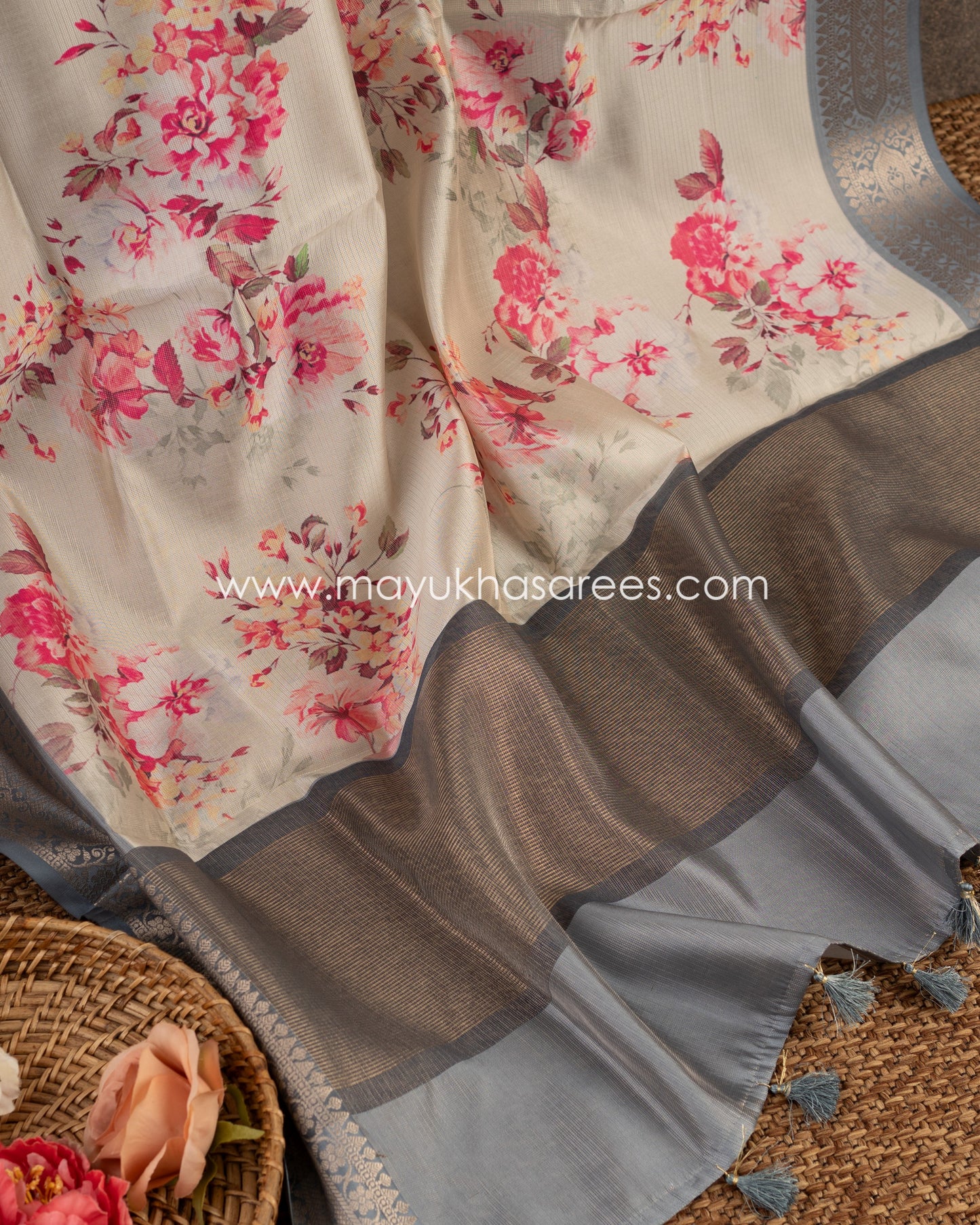 Serene Florals: Tassar Banarasi Blend Saree, Floral Prints, Free Shipping  And Stitched Blouse In Size 38-65