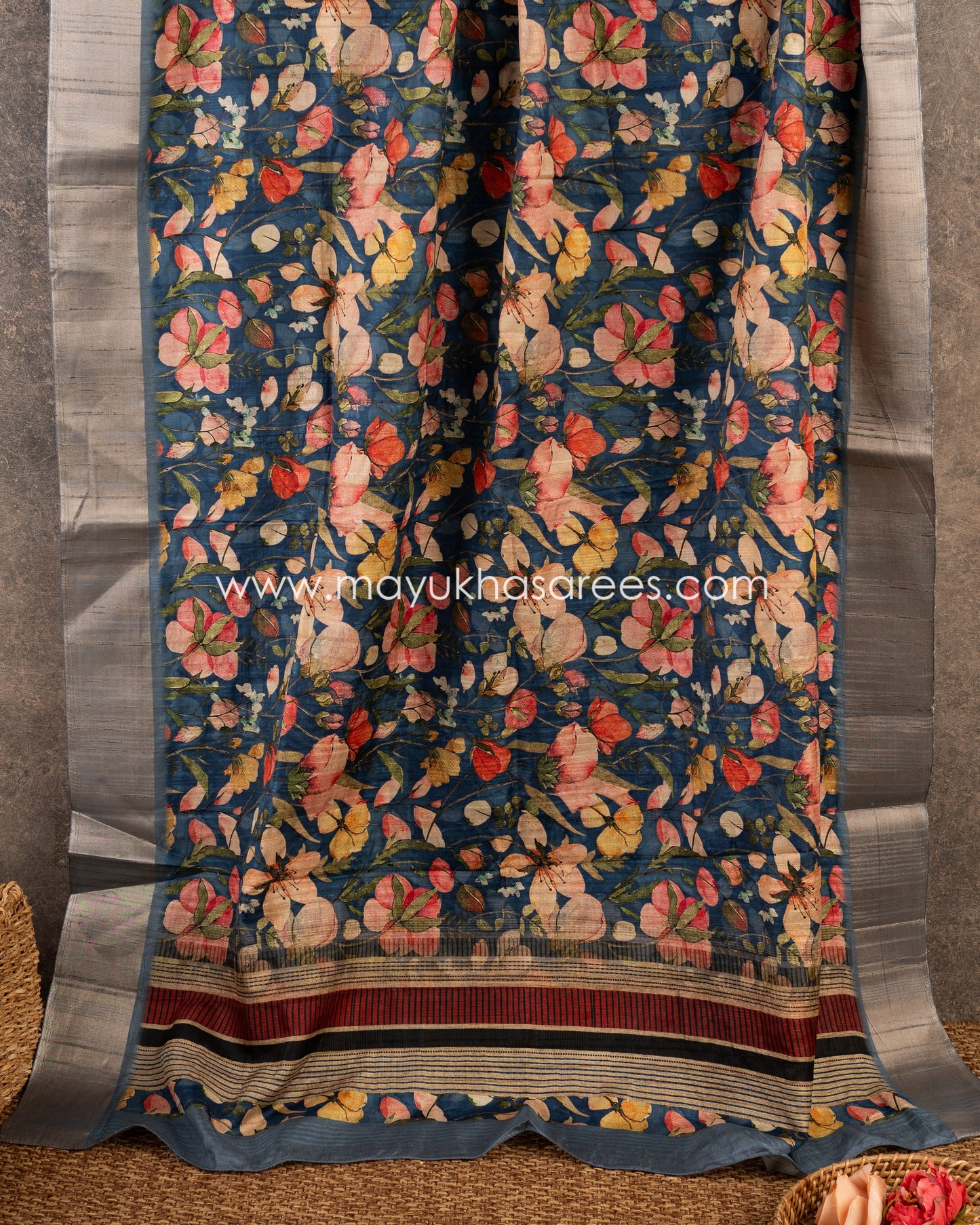 Regal Blooms: Tassar Banarasi Saree, Floral Prints, Free Shipping  And Stitched Blouse In Size 38-66