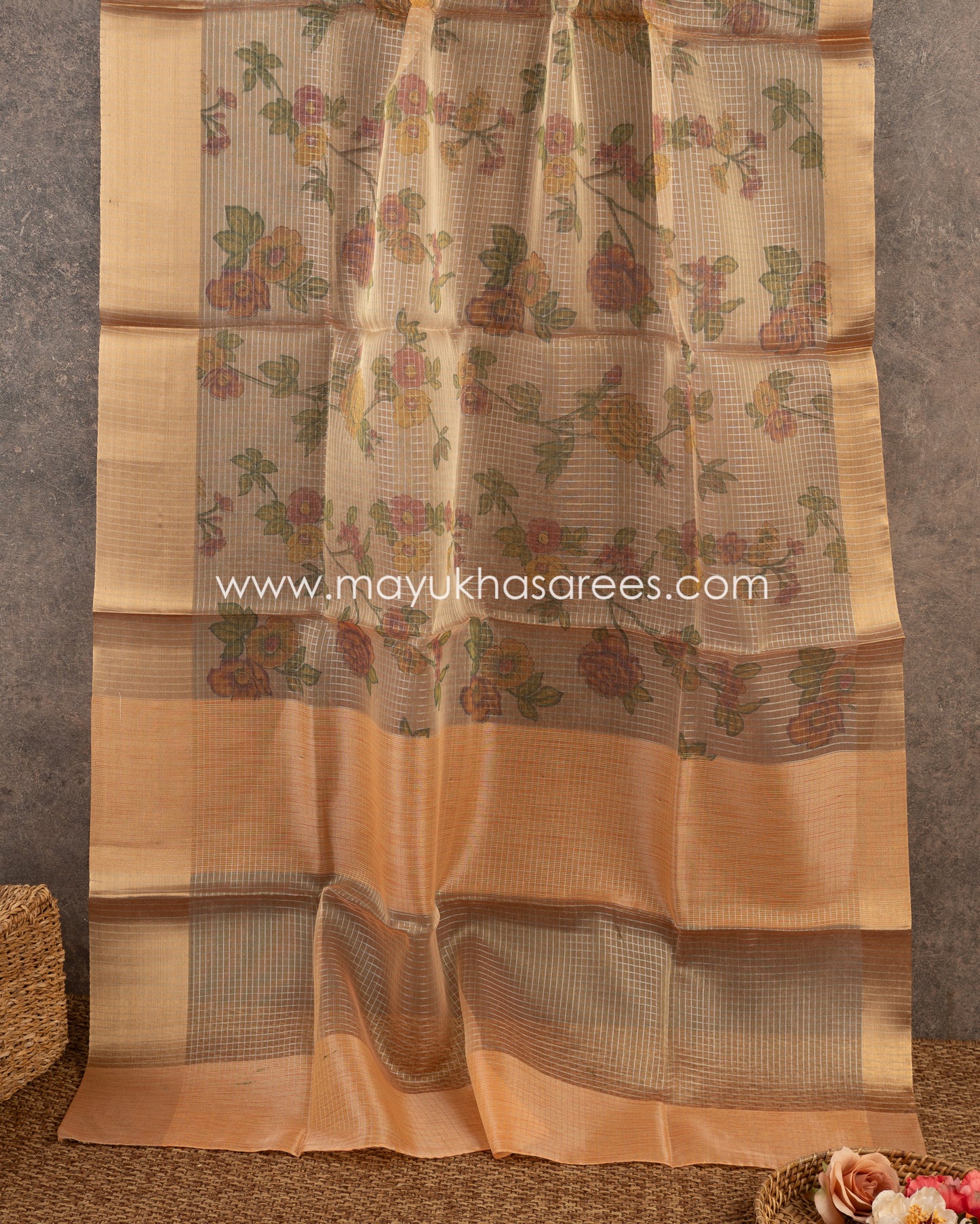 Ethereal Blossoms: Pure Organza Saree, Floral Prints, Free Shipping  And Stitched Blouse In Size 38-67