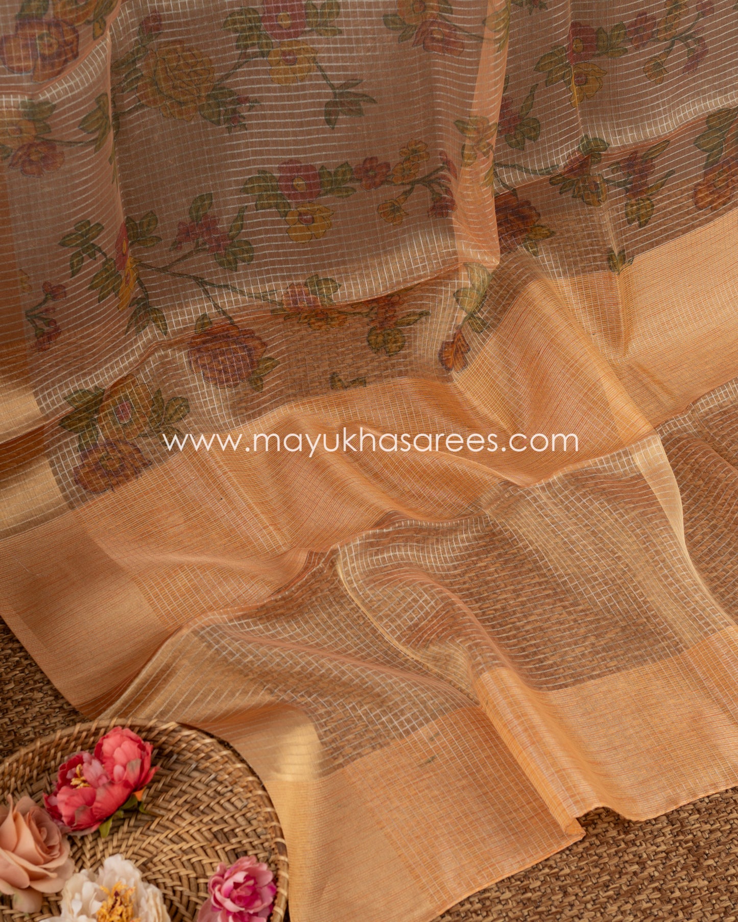 Ethereal Blossoms: Pure Organza Saree, Floral Prints, Free Shipping  And Stitched Blouse In Size 38-67