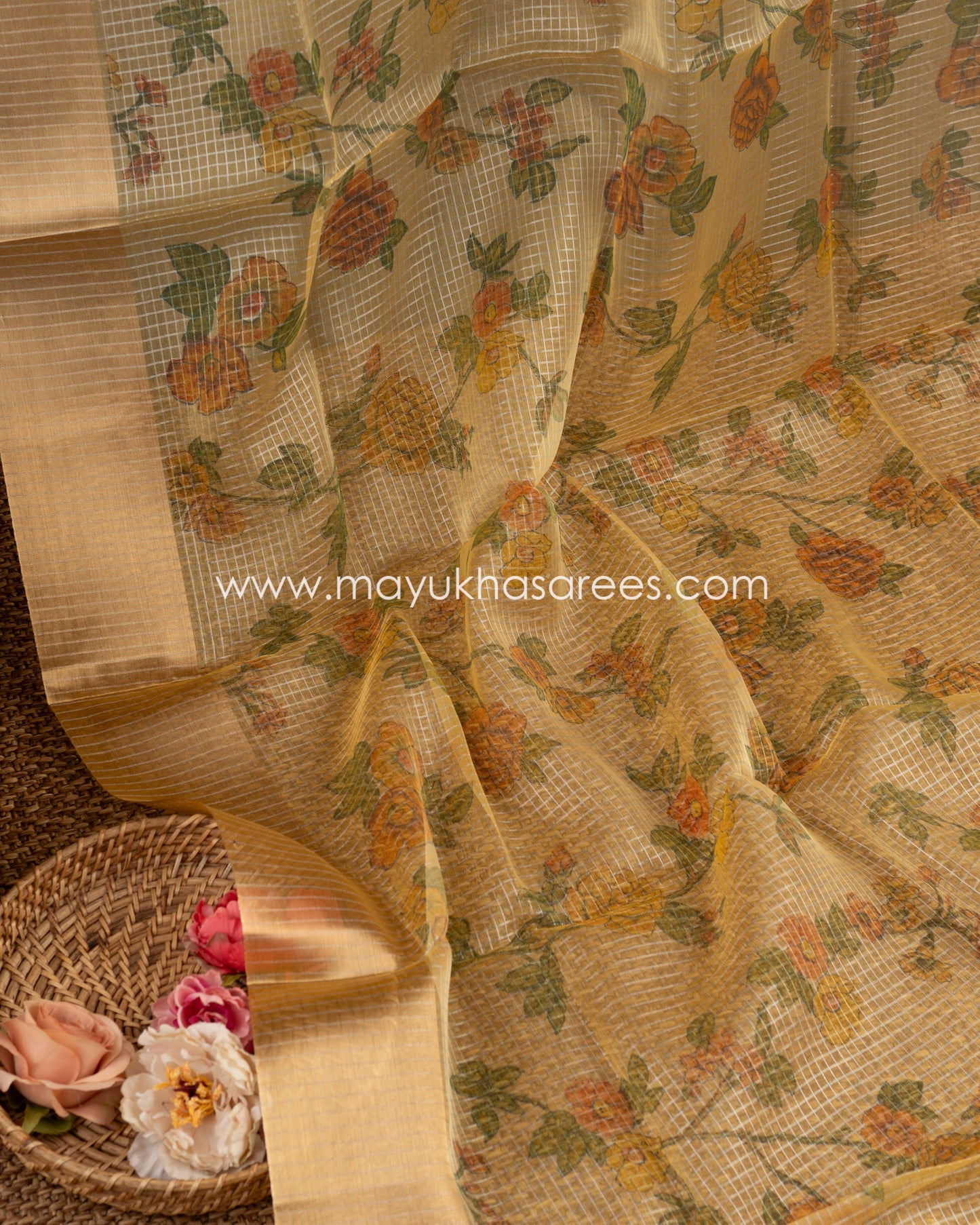 Blossom Harmony: Pure Organza Saree, Floral Prints, Free Shipping  And Stitched Blouse In Size 38-68