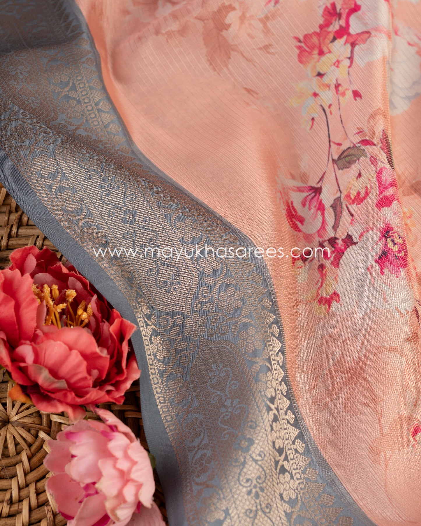 Peach Blossom Elegance: Tissue Tassar Banarasi Blend Saree, Floral Prints, Free Shipping  And Stitched Blouse In Size 38-69