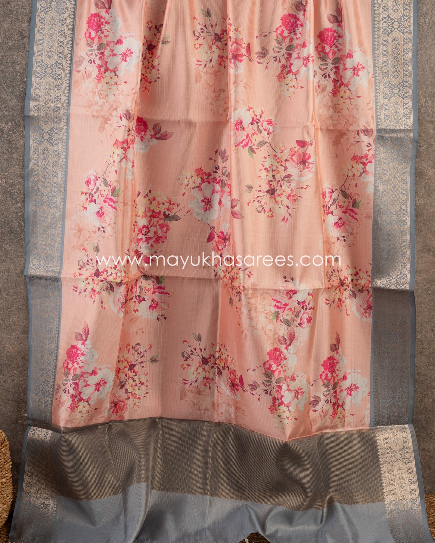 Peach Blossom Elegance: Tissue Tassar Banarasi Blend Saree, Floral Prints, Free Shipping  And Stitched Blouse In Size 38-69