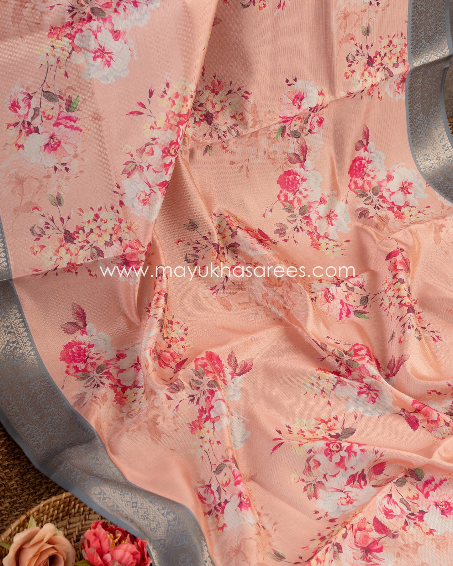 Peach Blossom Elegance: Tissue Tassar Banarasi Blend Saree, Floral Prints, Free Shipping  And Stitched Blouse In Size 38-69