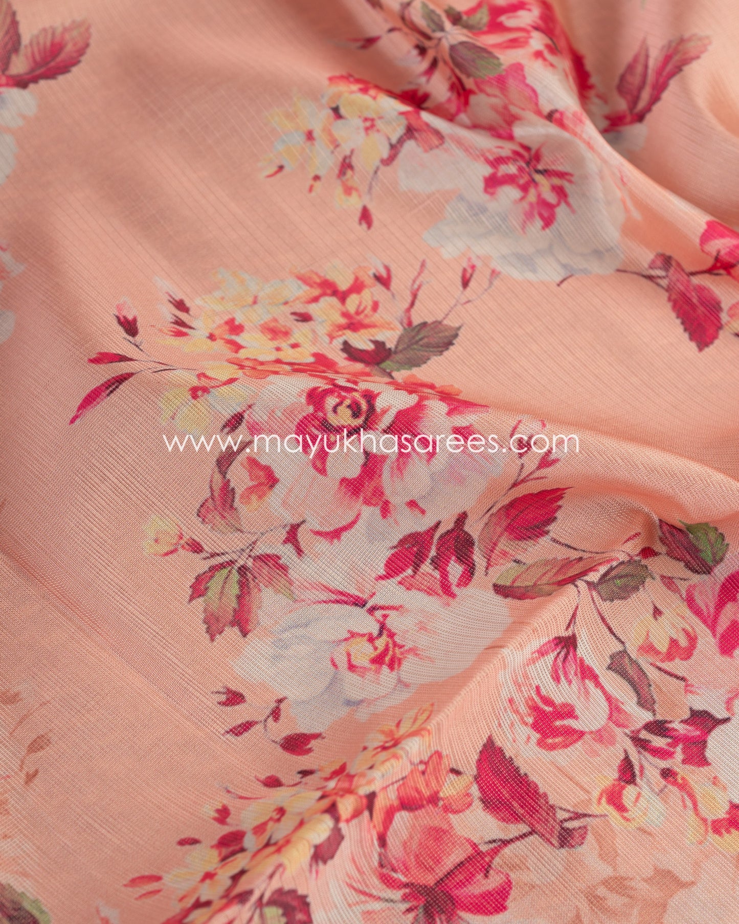 Peach Blossom Elegance: Tissue Tassar Banarasi Blend Saree, Floral Prints, Free Shipping  And Stitched Blouse In Size 38-69