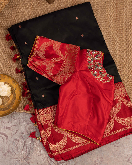 Banarasi Katan Ode To Beauty Black And Redsaree With Stitched Blouse In Size 38-44