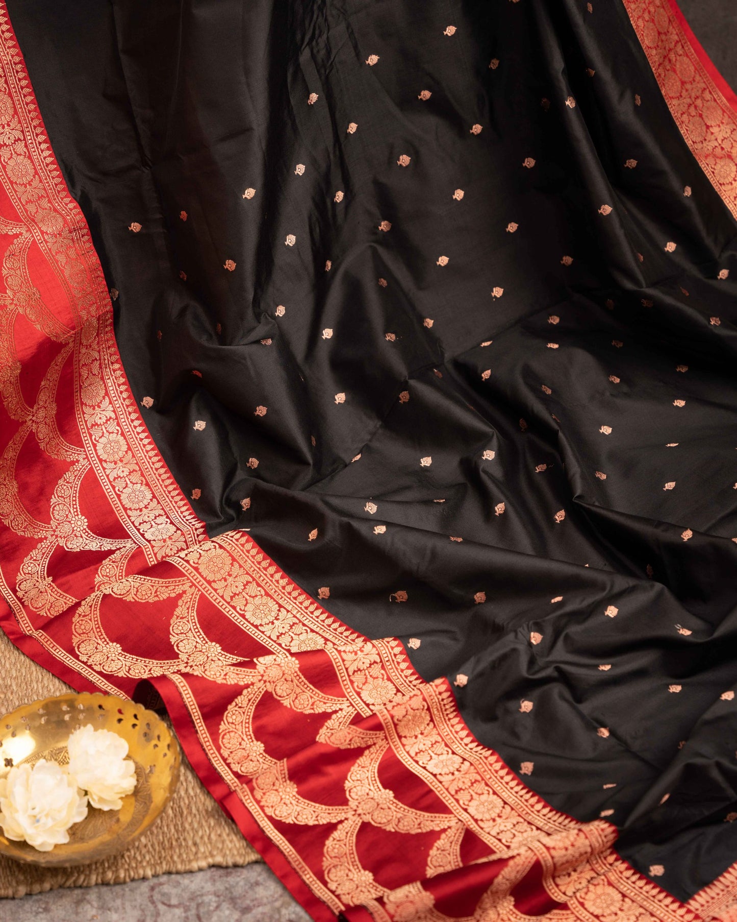 Banarasi Katan Ode To Beauty Black And Redsaree With Stitched Blouse In Size 38-44