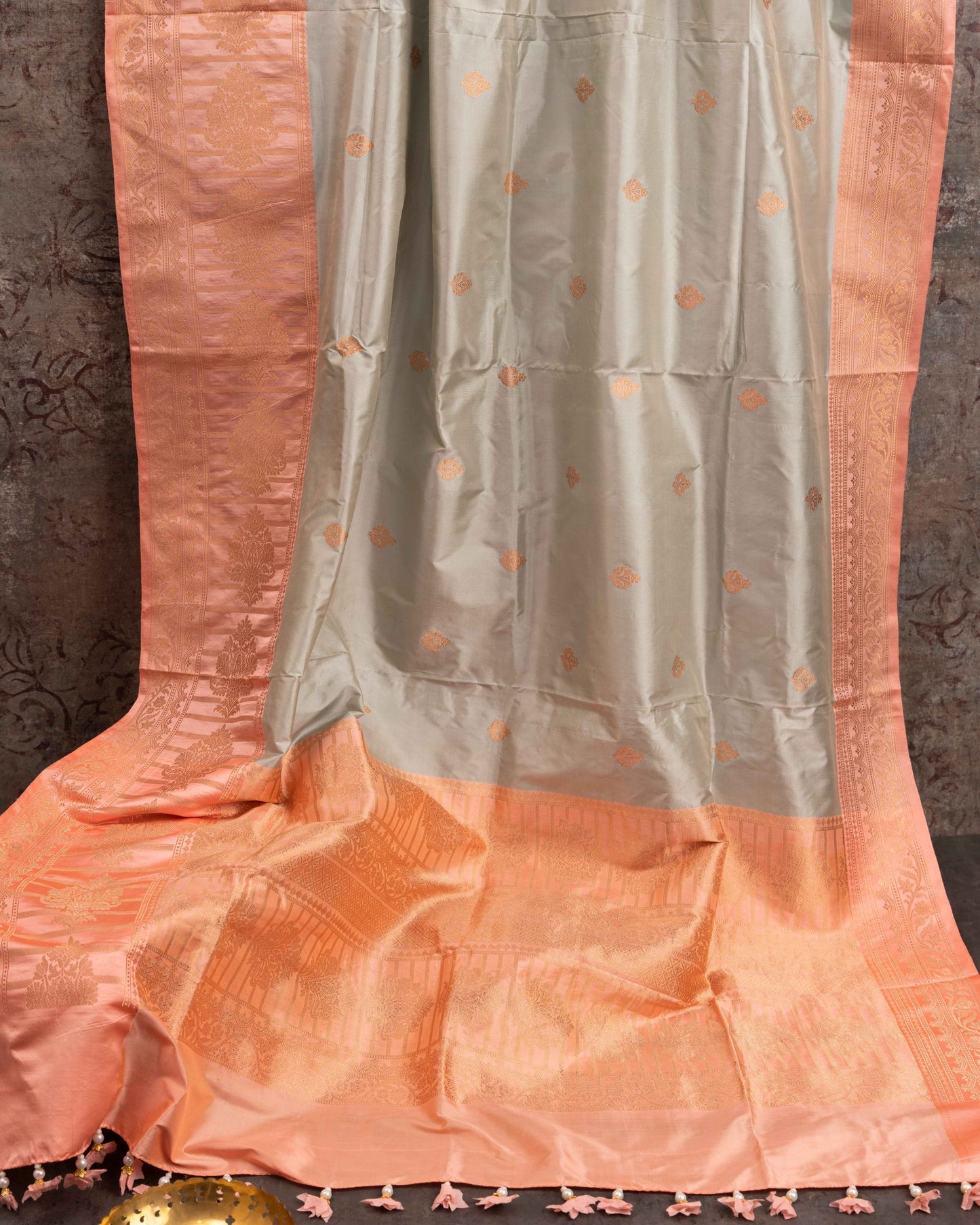 Banarasi Katan Beautiful Savannas Grey And Peachsaree With Stitched Blouse In Size 38-44