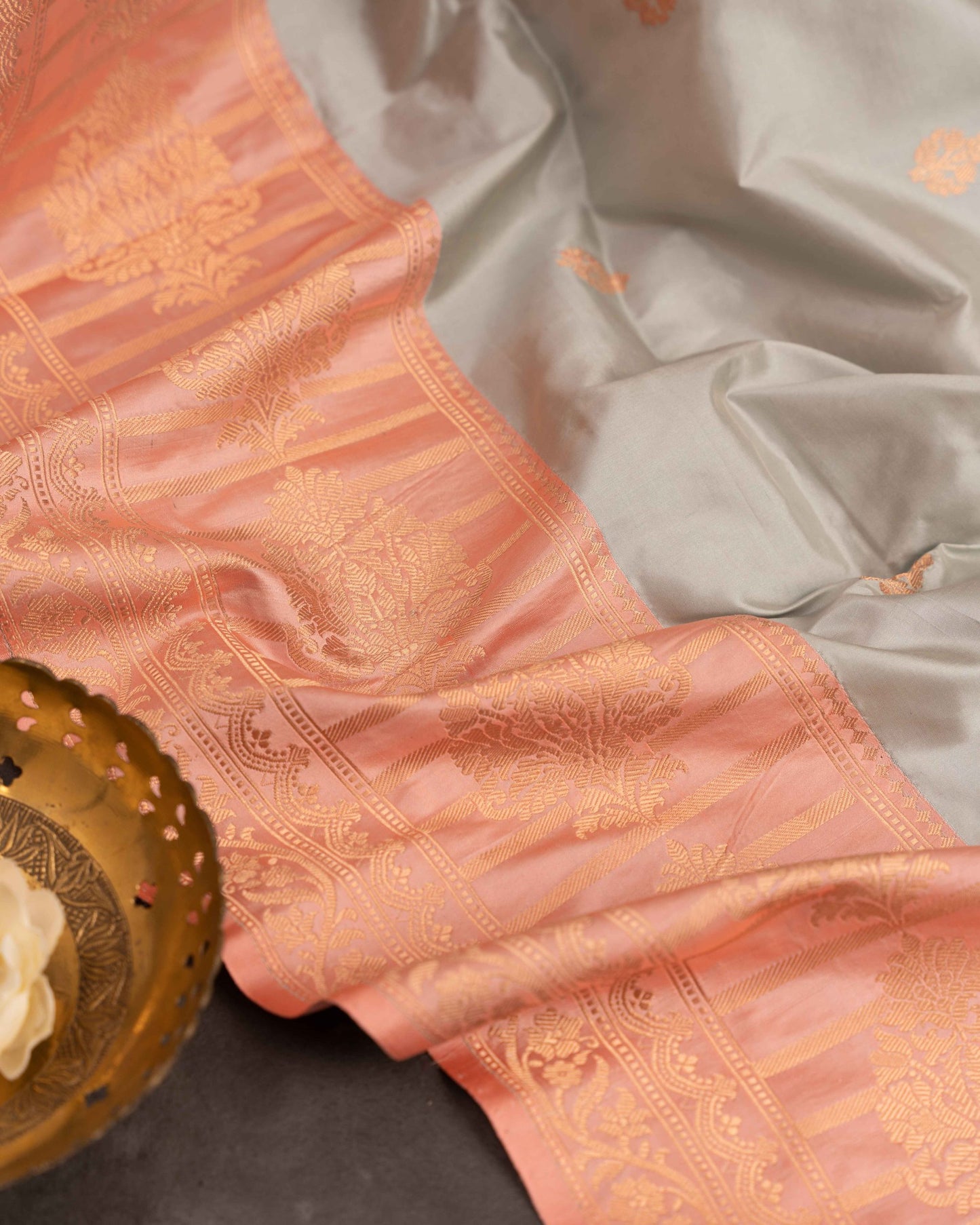 Banarasi Katan Beautiful Savannas Grey And Peachsaree With Stitched Blouse In Size 38-44