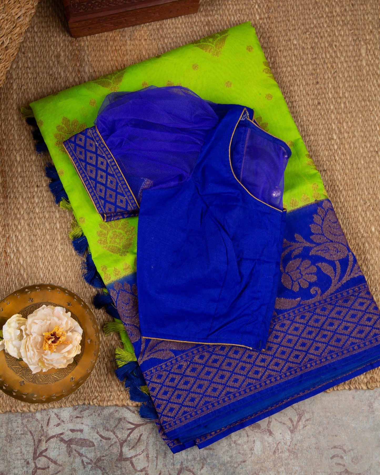 Banarasi Dupion Green & Blue Elegant Exuberance Saree With Stitched Blouse In Size 38-44