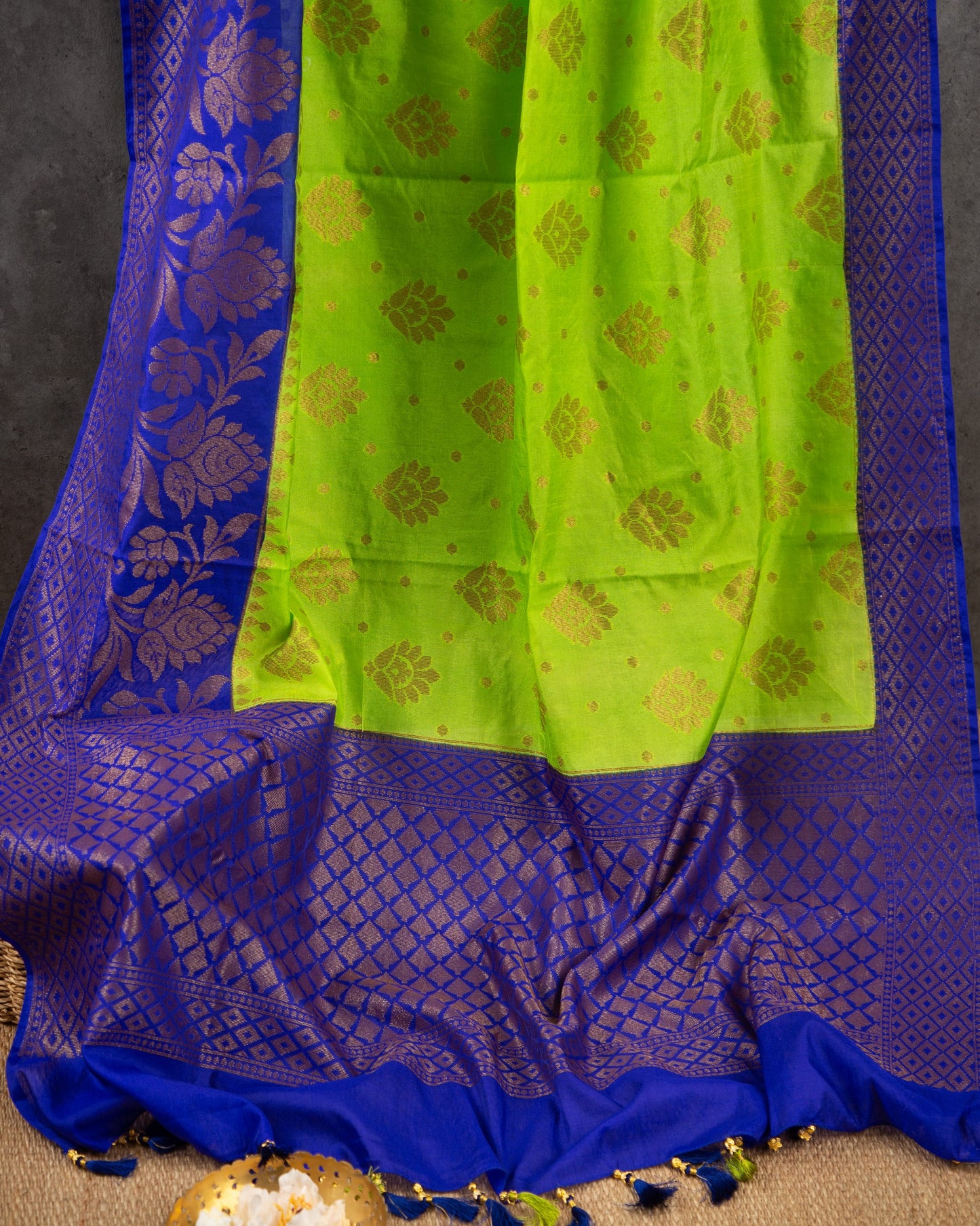 Banarasi Dupion Green & Blue Elegant Exuberance Saree With Stitched Blouse In Size 38-44