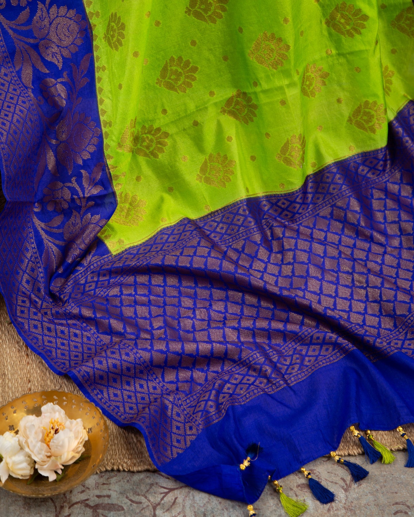 Banarasi Dupion Green & Blue Elegant Exuberance Saree With Stitched Blouse In Size 38-44