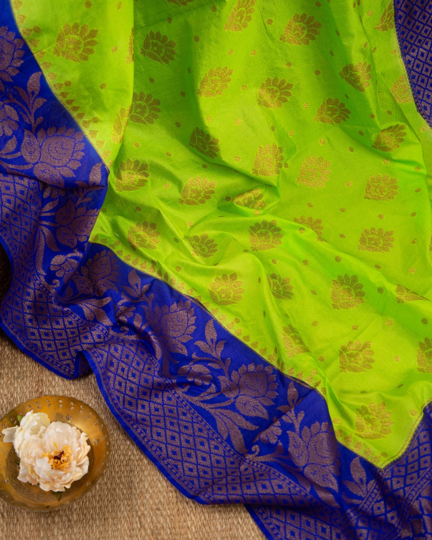 Banarasi Dupion Green & Blue Elegant Exuberance Saree With Stitched Blouse In Size 38-44