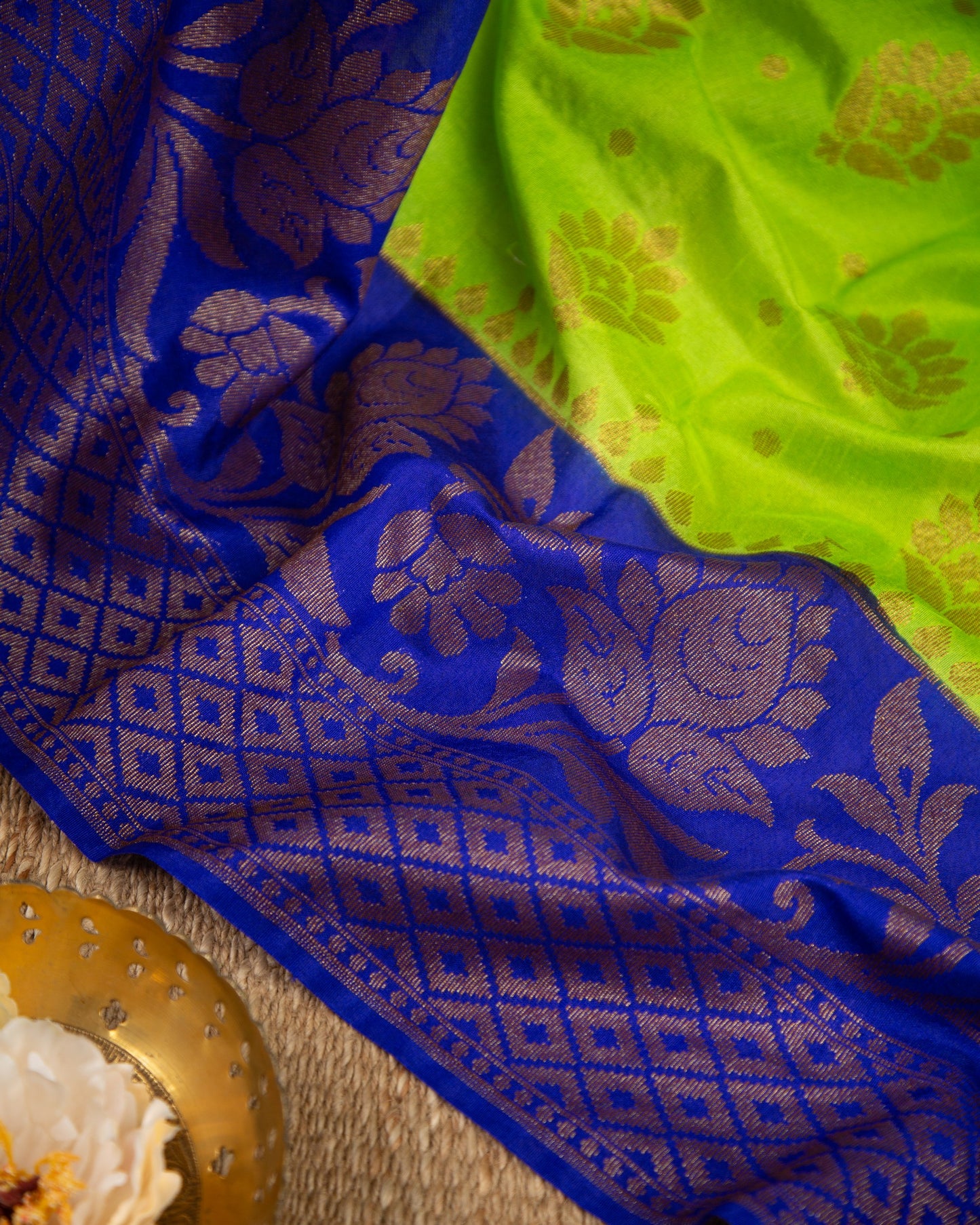 Banarasi Dupion Green & Blue Elegant Exuberance Saree With Stitched Blouse In Size 38-44