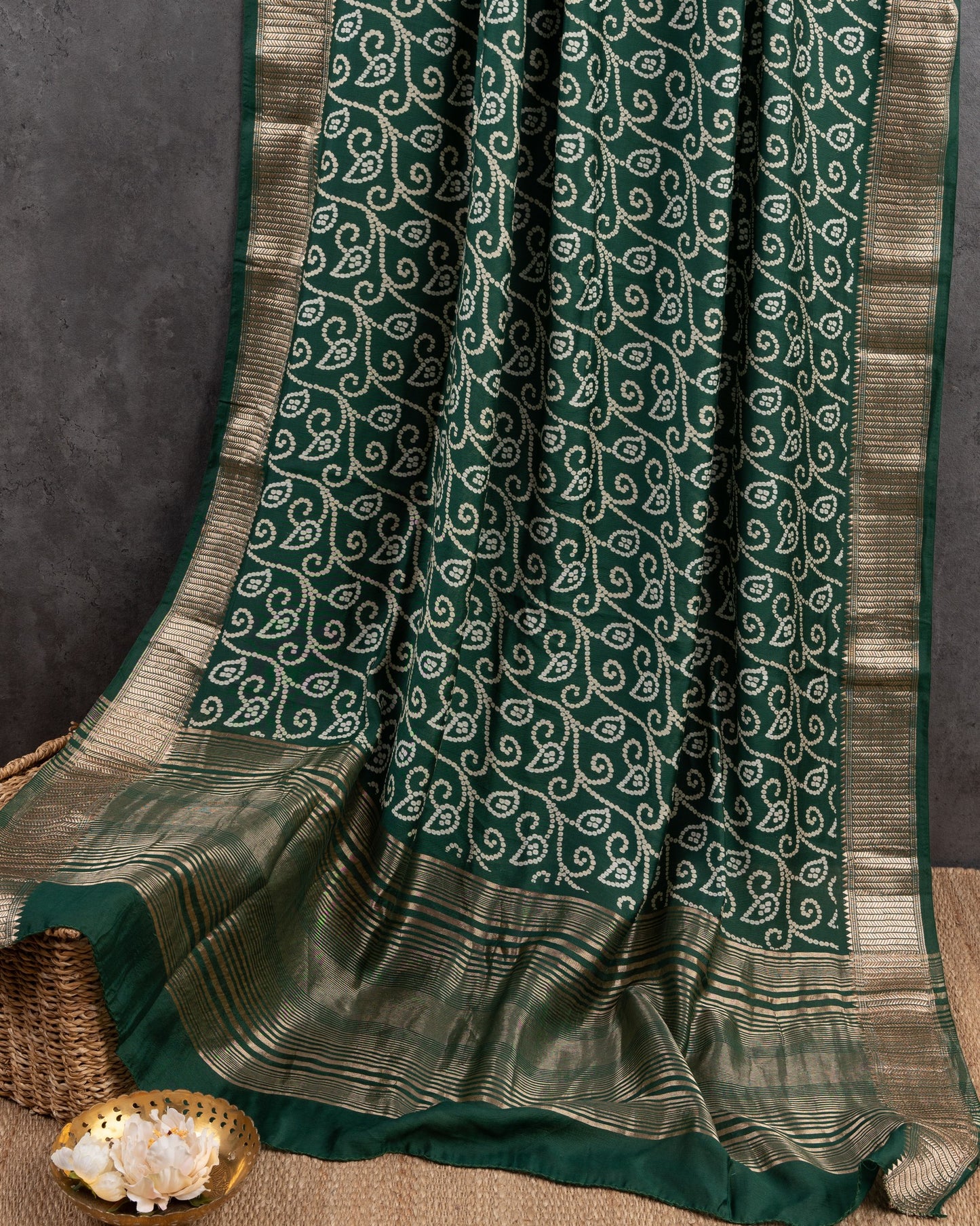 Banarasi Crepe With Bandini Prints Bottle Green Code Green Saree With Stitched Blouse In Size 38-44