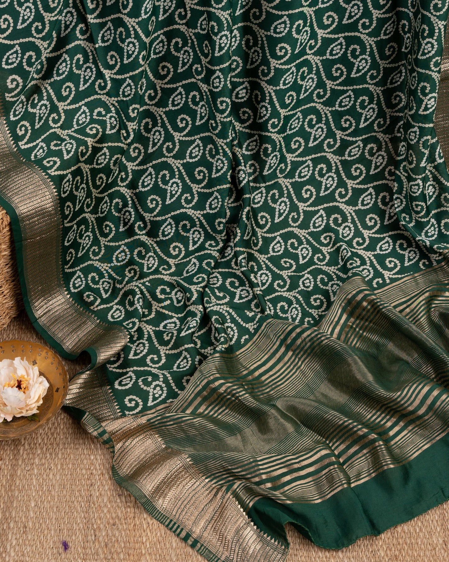 Banarasi Crepe With Bandini Prints Bottle Green Code Green Saree With Stitched Blouse In Size 38-44