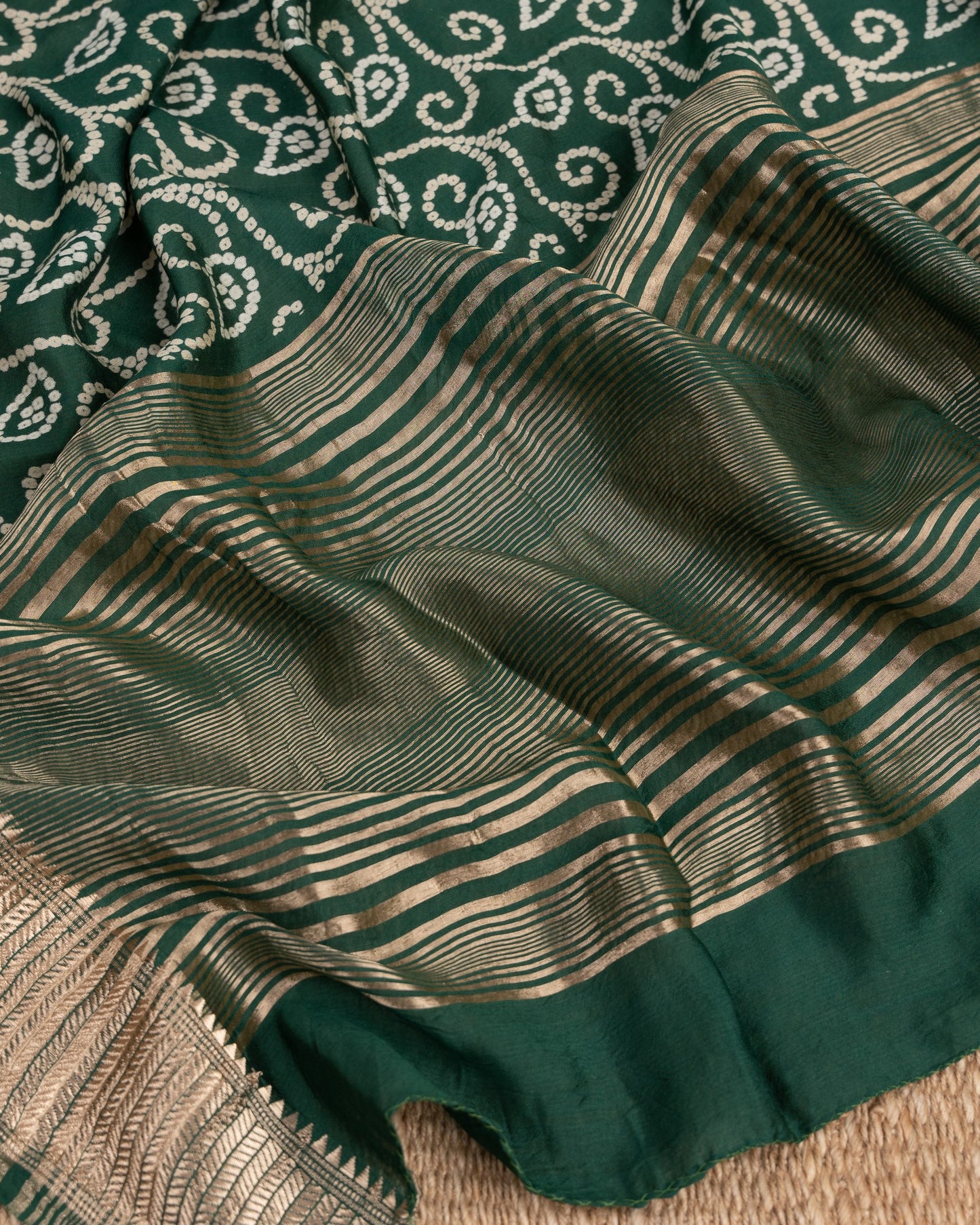 Banarasi Crepe With Bandini Prints Bottle Green Code Green Saree With Stitched Blouse In Size 38-44