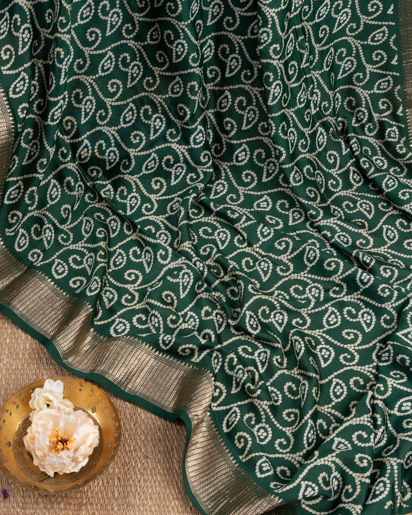 Banarasi Crepe With Bandini Prints Bottle Green Code Green Saree With Stitched Blouse In Size 38-44