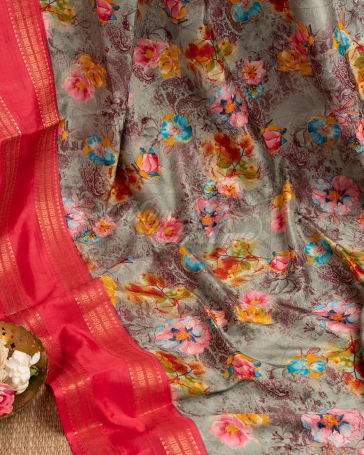 Banarasi Dola Silk Grey Floral Saree mayukhasarees