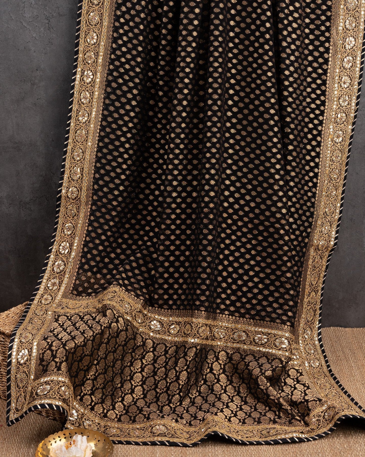 Banarasi Gorgette Black & Gold Midnight Star Saree With Stitched Blouse In Size 38-44 mayukhasarees