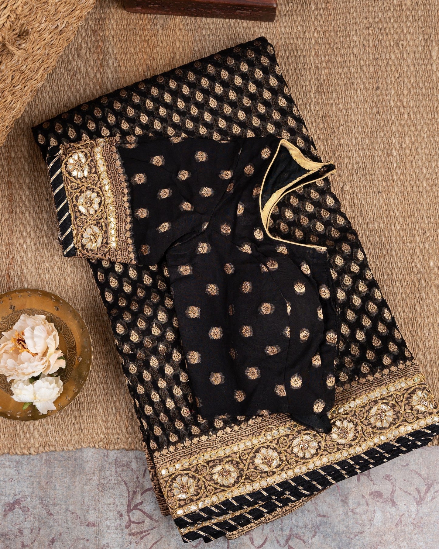 Banarasi Gorgette Black & Gold Midnight Star Saree With Stitched Blouse In Size 38-44 mayukhasarees