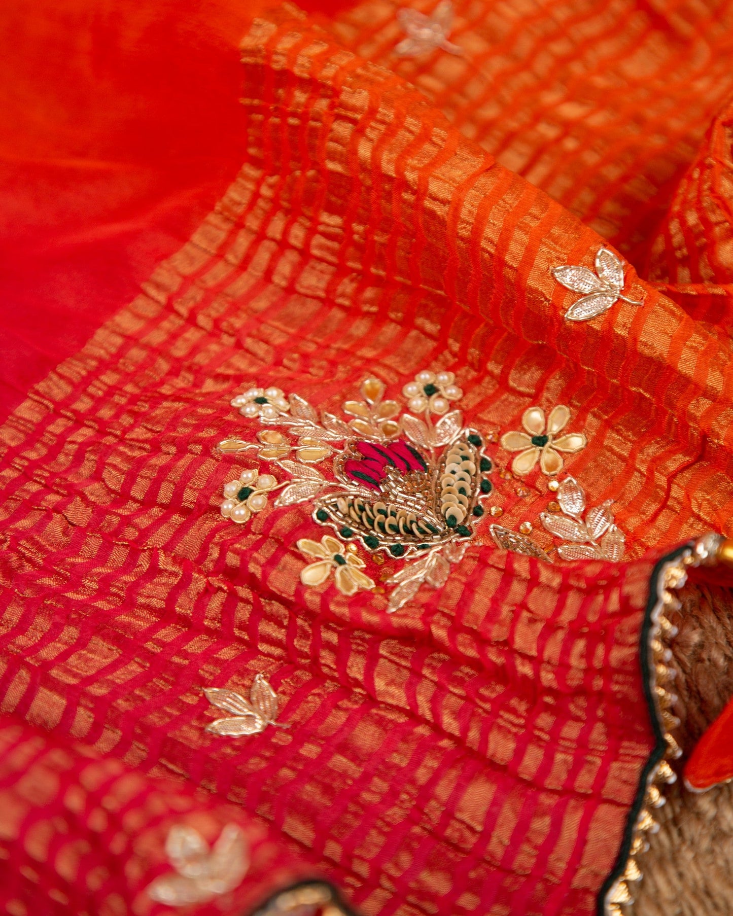 Banarasi Gorgette Orange & Pink Candy Land Saree With Stitched Blouse In Size 38-44 mayukhasarees