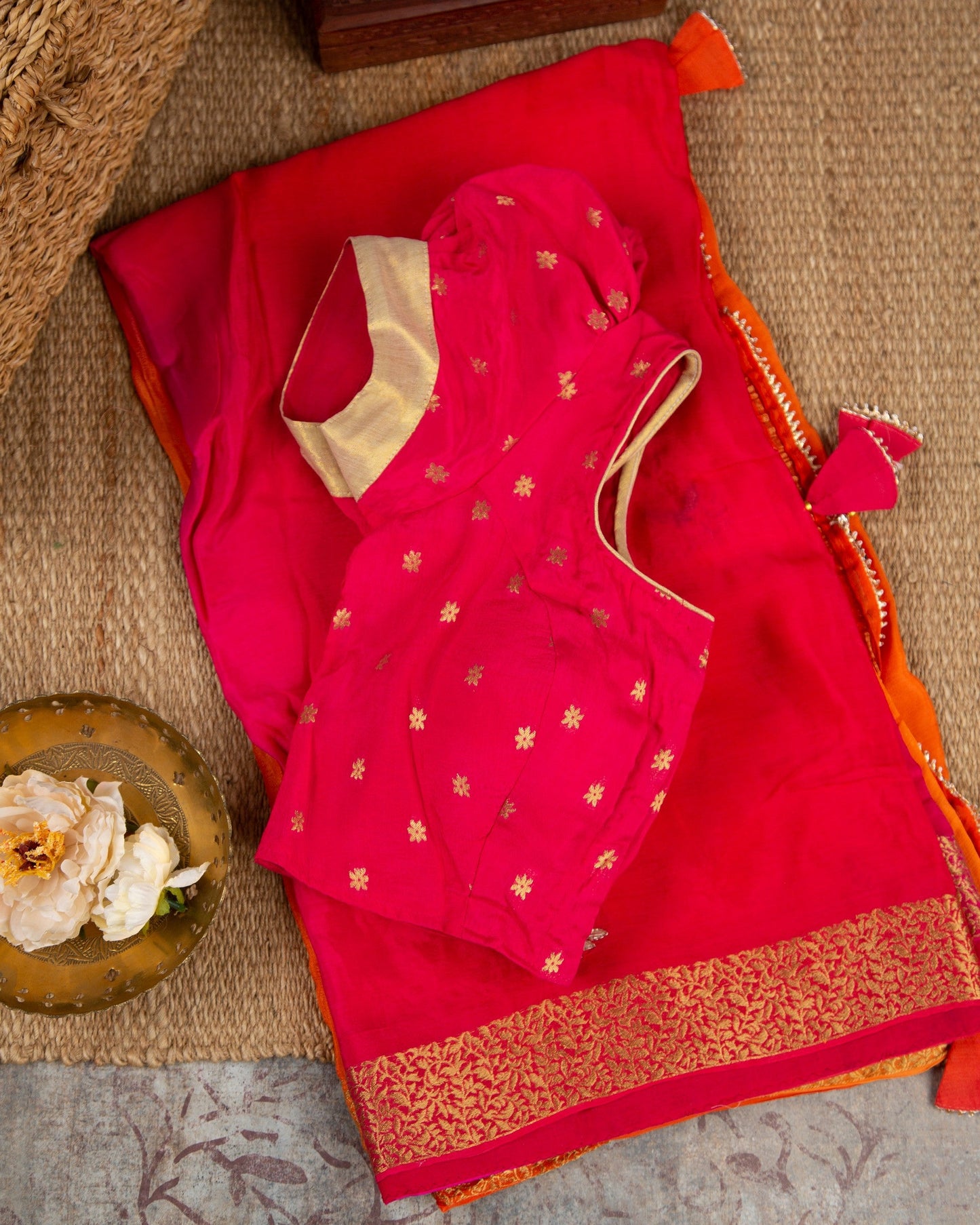 Banarasi Gorgette Orange & Pink Candy Land Saree With Stitched Blouse In Size 38-44 mayukhasarees