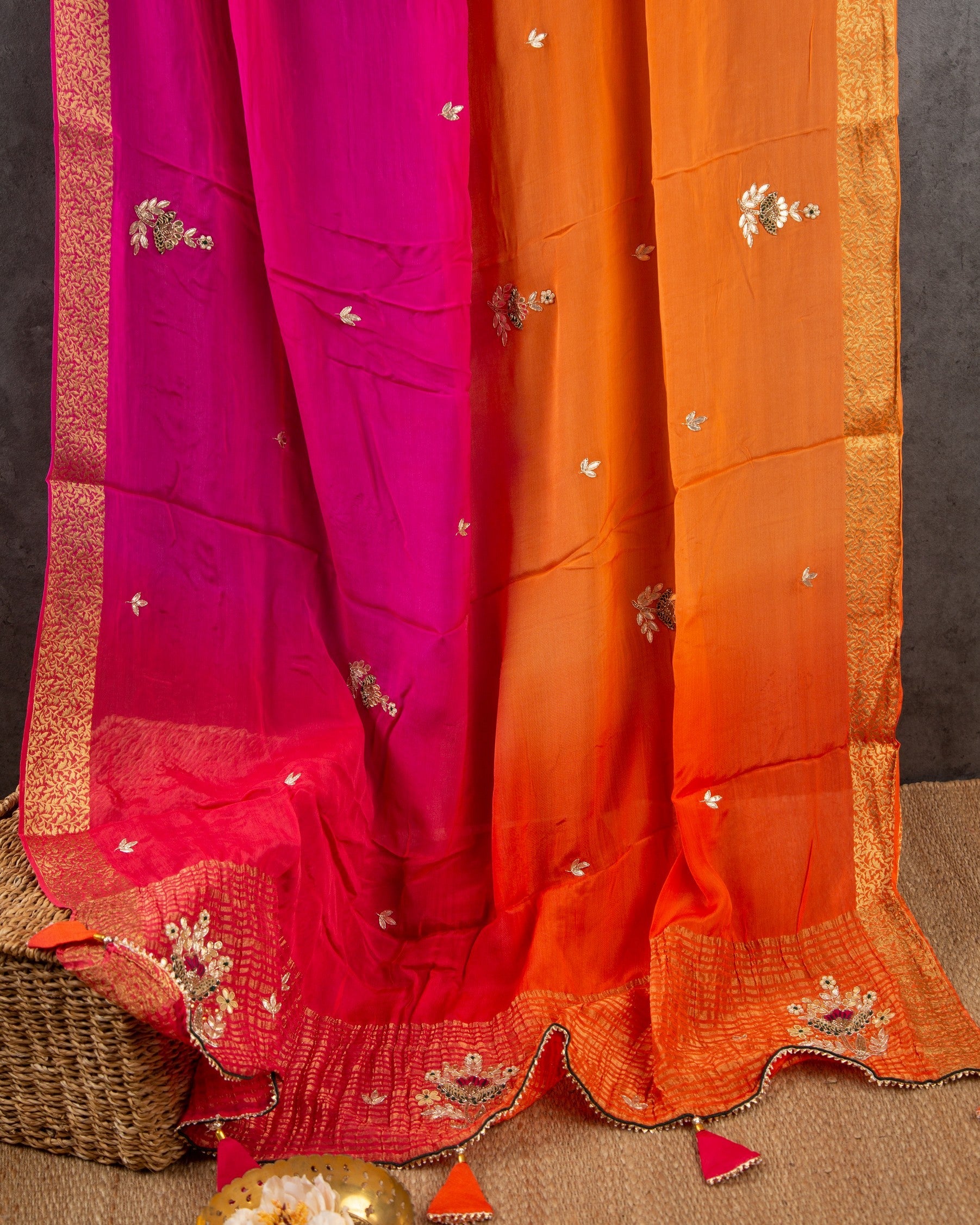 Banarasi Gorgette Orange & Pink Candy Land Saree With Stitched Blouse In Size 38-44 mayukhasarees