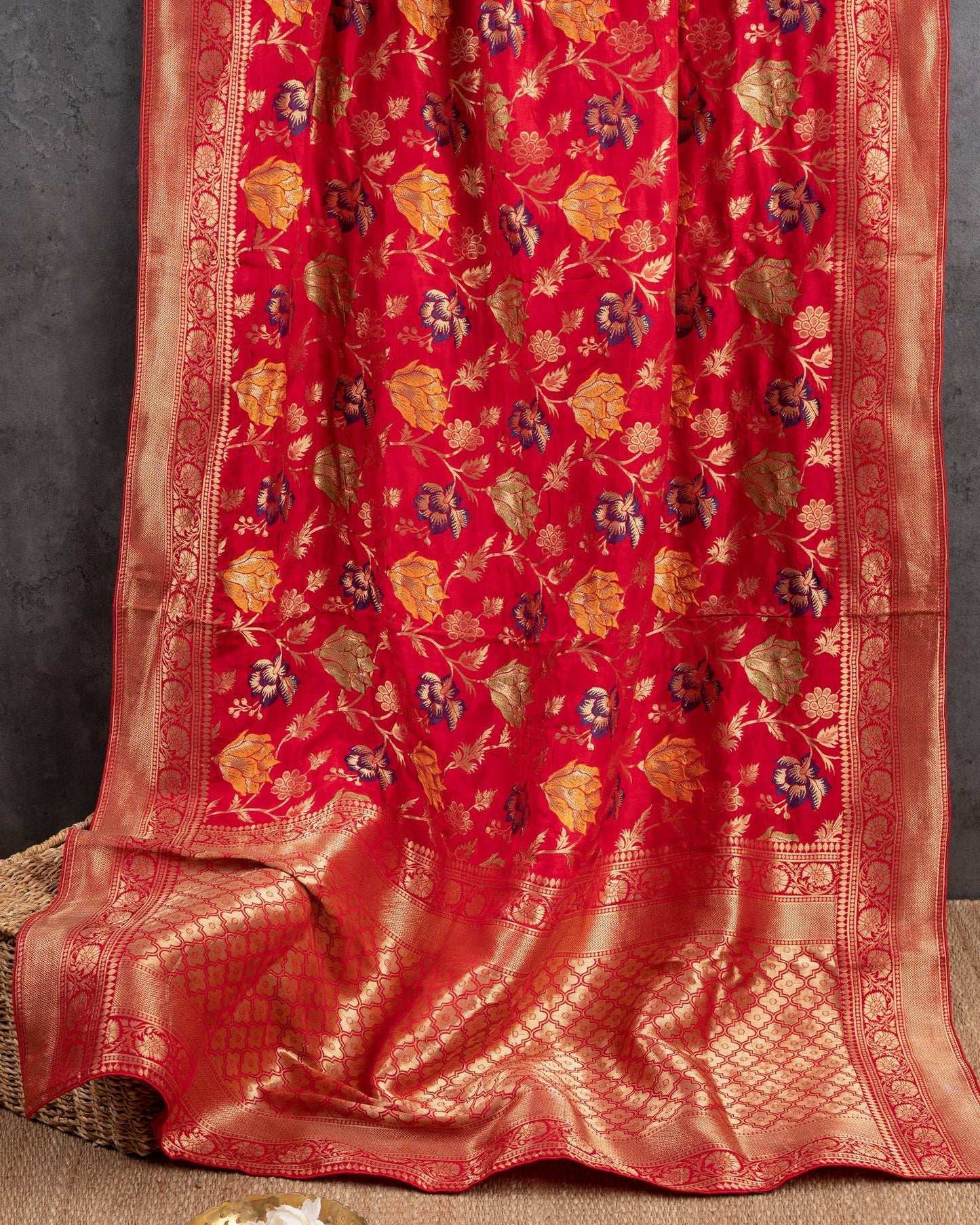 Banarasi Gorgette Red & Multi Flourished Candy Saree With Stitched Blouse In Size 38-44 mayukhasarees