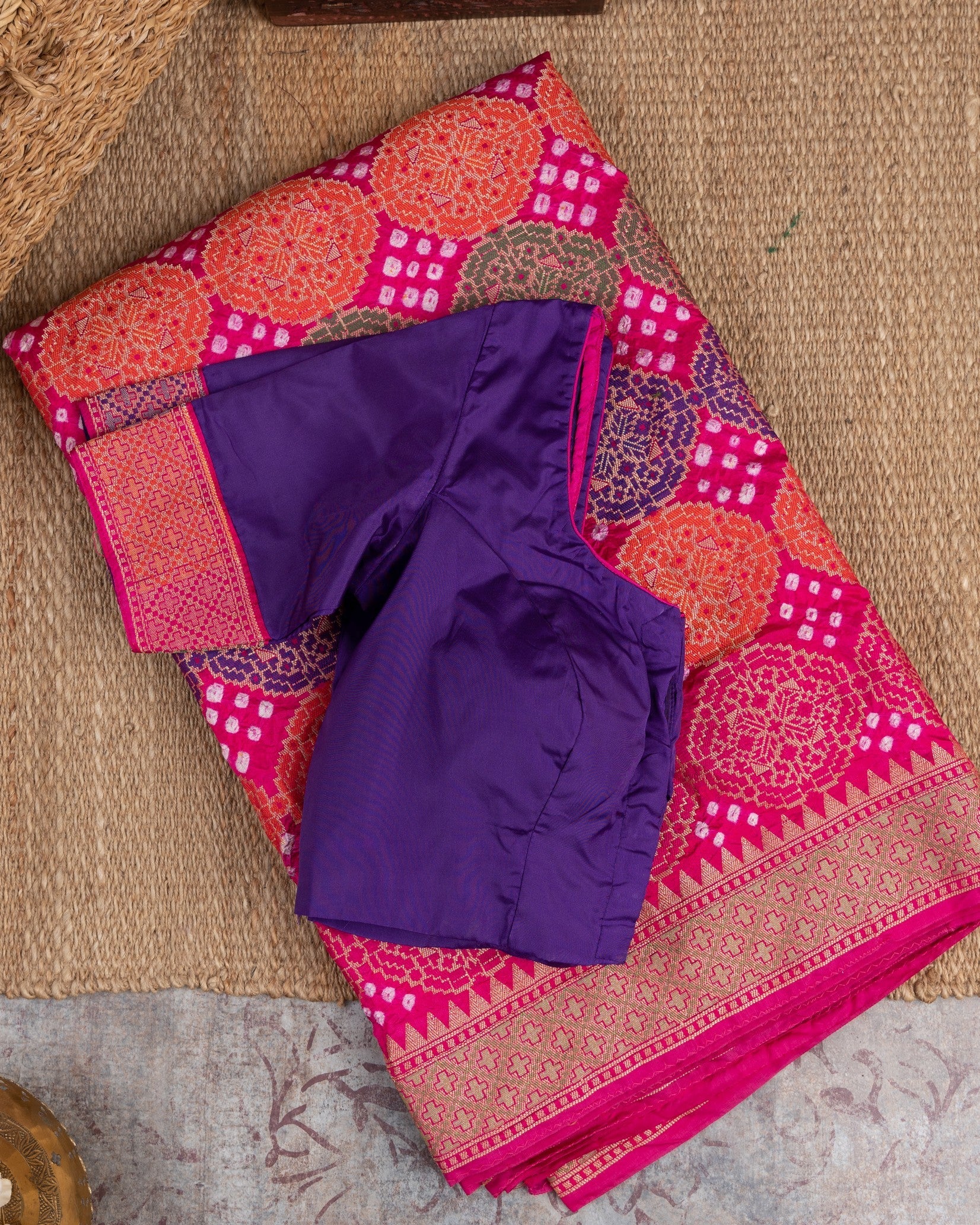 Banarasi Gorgette With Bandini ( Rangkaat ) Pink & Multi Ballerina Saree With Stitched Blouse In Size 38-44 mayukhasarees