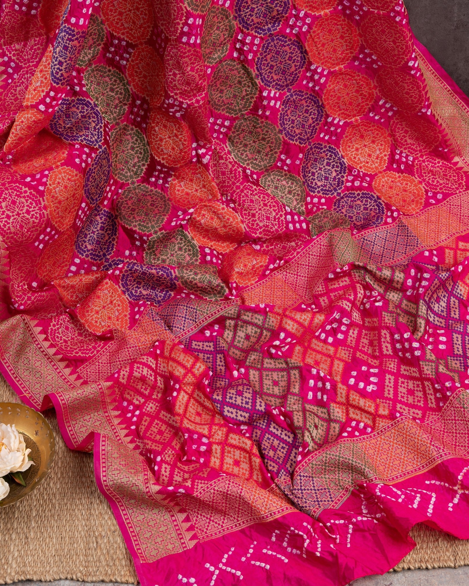 Banarasi Gorgette With Bandini ( Rangkaat ) Pink & Multi Ballerina Saree With Stitched Blouse In Size 38-44 mayukhasarees