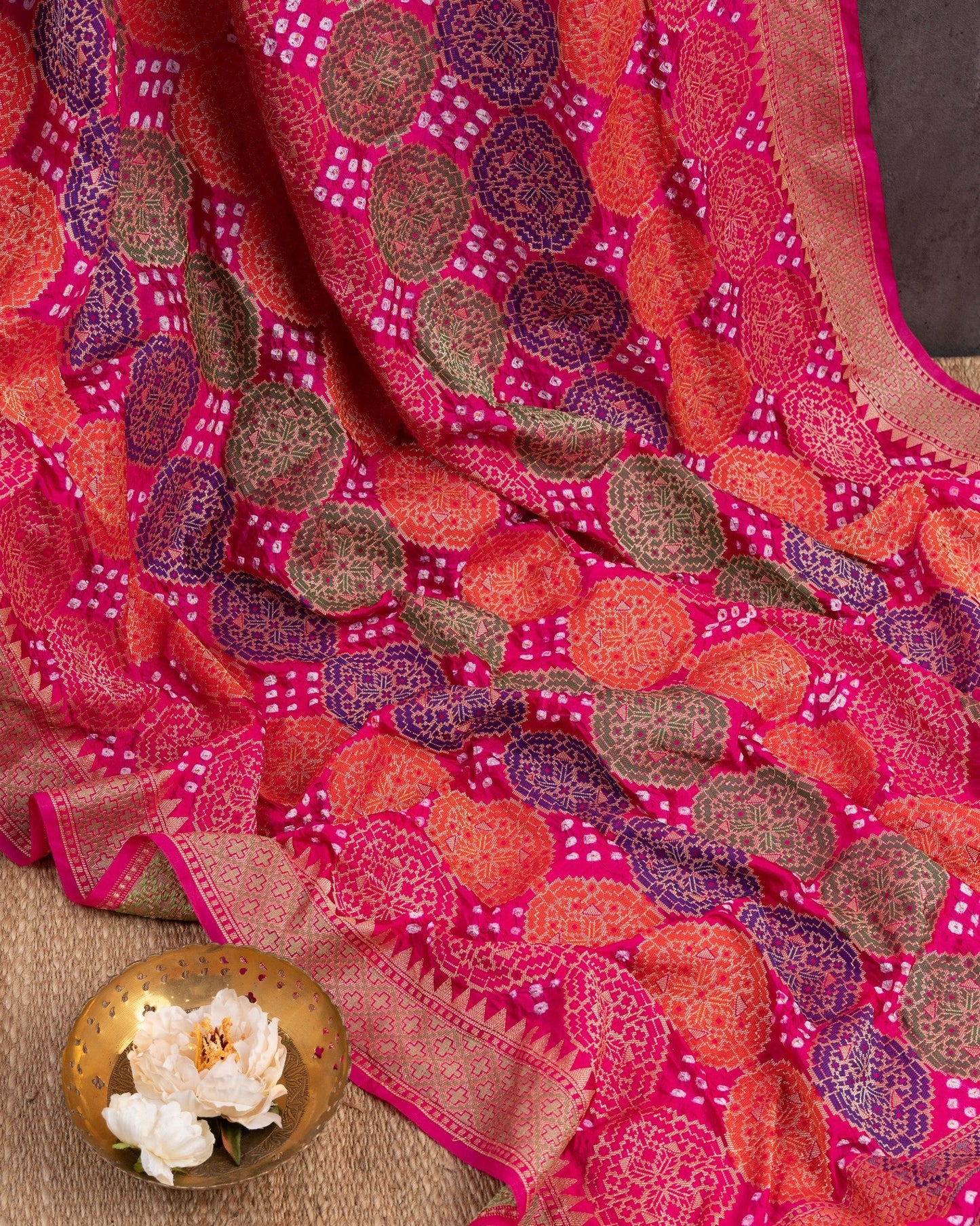 Banarasi Gorgette With Bandini ( Rangkaat ) Pink & Multi Ballerina Saree With Stitched Blouse In Size 38-44 mayukhasarees