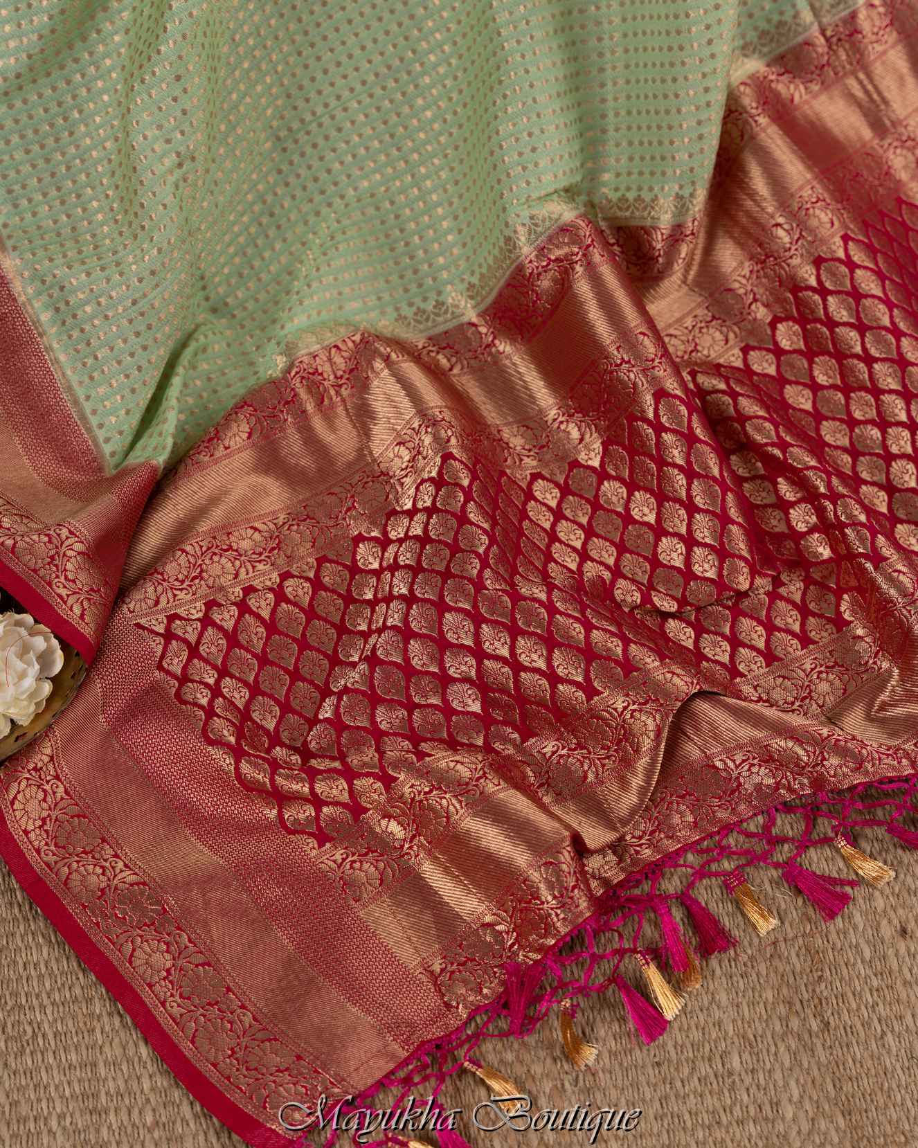 Banarasi Kaddi Pista Green Saree mayukhasarees