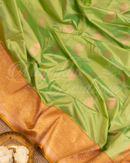 Banarasi Katan Silk Banana Leaf Green Saree With Stitched Blouse In Size 38-44 mayukhasarees