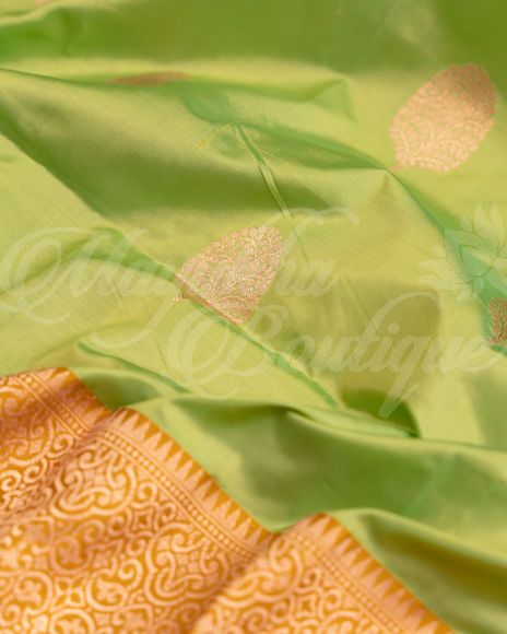 Banarasi Katan Silk Banana Leaf Green Saree With Stitched Blouse In Size 38-44 mayukhasarees