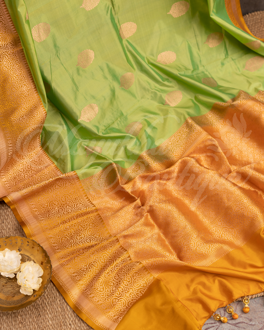 Banarasi Katan Silk Banana Leaf Green Saree With Stitched Blouse In Size 38-44 mayukhasarees