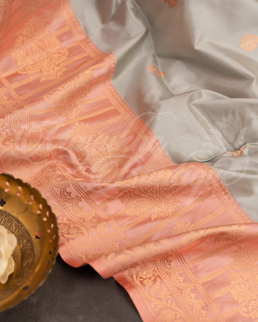 Banarasi Katan Silk Grey & Peach Saree With Stitched Blouse In Size 38-44 mayukhasarees