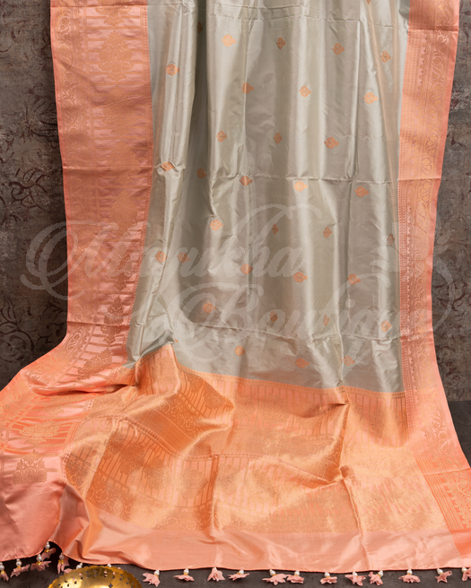 Banarasi Katan Silk Grey & Peach Saree With Stitched Blouse In Size 38-44 mayukhasarees