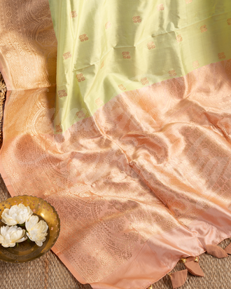 Banarasi Katan Silk Pastel Green & Peach Saree With Stitched Blouse In Size 38-44 mayukhasarees