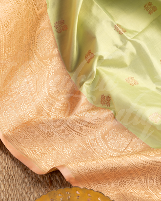 Banarasi Katan Silk Pastel Green & Peach Saree With Stitched Blouse In Size 38-44 mayukhasarees