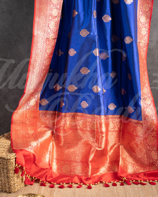 Banarasi Katan Silk Royal Blue Saree With Stitched Blouse In Size 38-44 mayukhasarees