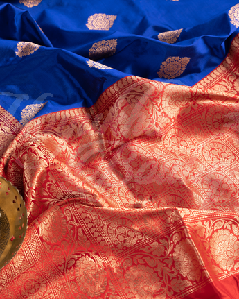 Banarasi Katan Silk Royal Blue Saree With Stitched Blouse In Size 38-44 mayukhasarees