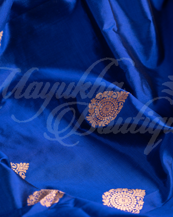 Banarasi Katan Silk Royal Blue Saree With Stitched Blouse In Size 38-44 mayukhasarees